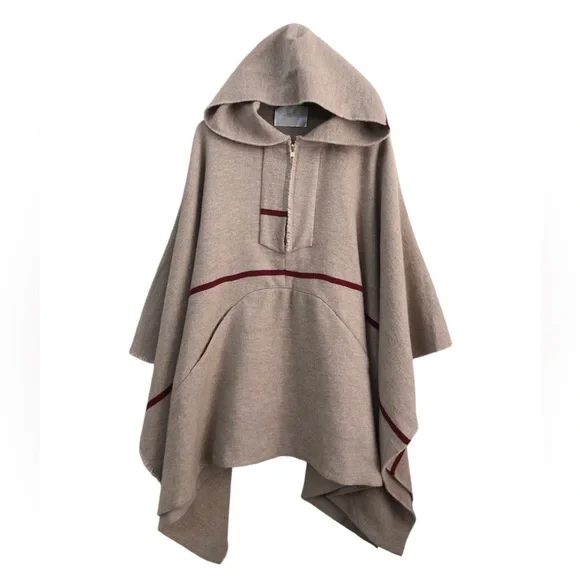 A.L.C.Rare Wool Blend Tan Boho Western Poncho with Stripe